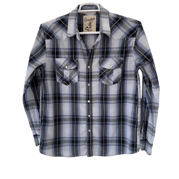 Coastal Blue Other - Coastal Shirt Mens Large Blue Black Plaid‎ Western Snap Button Chest Pockets